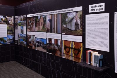 View of the inside of the exhibit that shows pictures and information about the research 